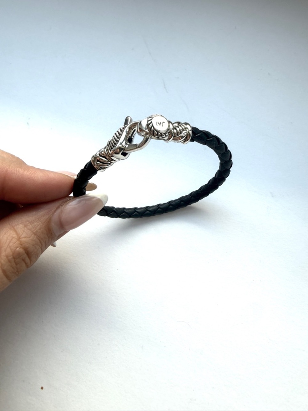 Silver Clasp Black Braided Leather Bracelet - Unbranded